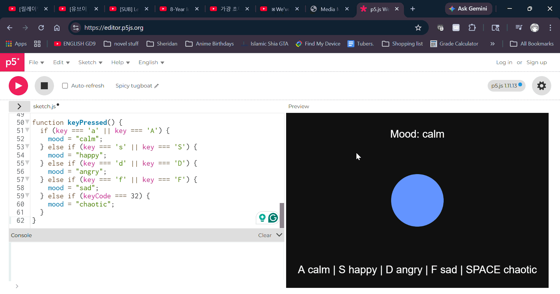 Mood-based circle changing color and movement.