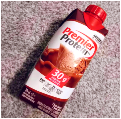 A front view of the protein shake.