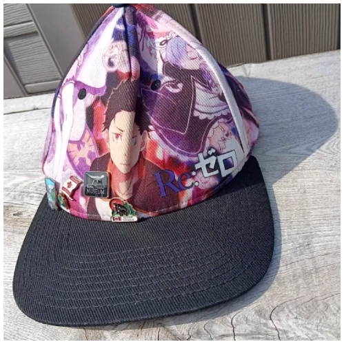 The front of my favorite hat. It's got the RE:zero anime on it's top.